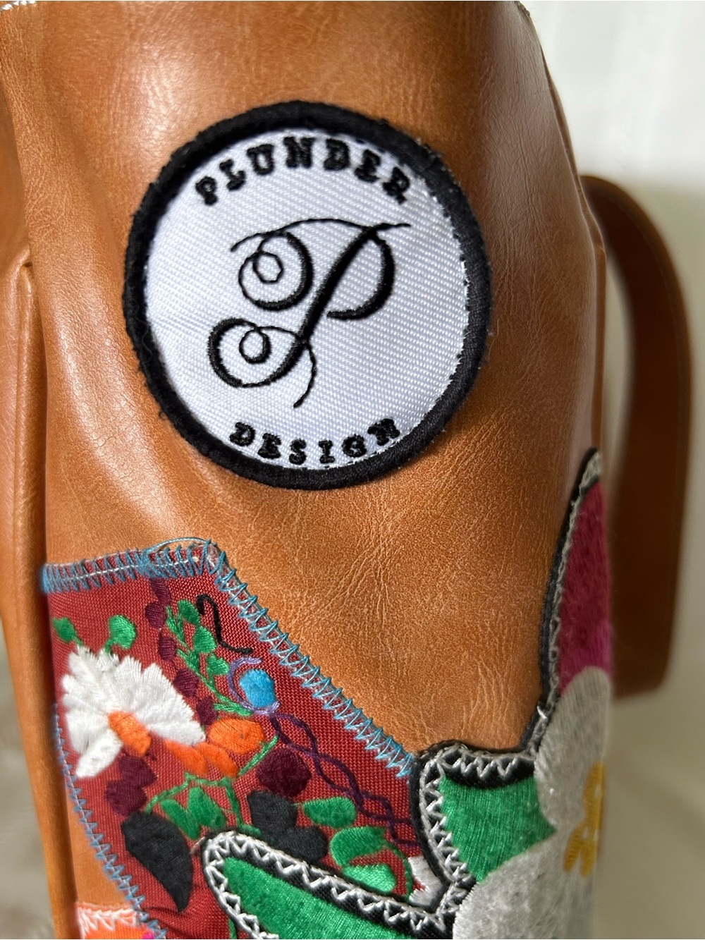 Plunder Tote Bag Camel Brown Faux Leather Multicolor Floral Bee Butterfly Patch - Picture 7 of 15